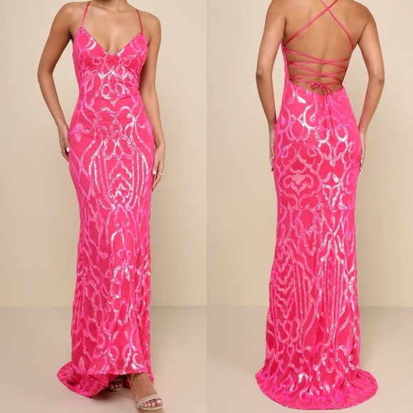Perfect Enchantment Hot Pink Sequin Lace-Up Mermaid Maxi Dress - Picture 1 of 2
